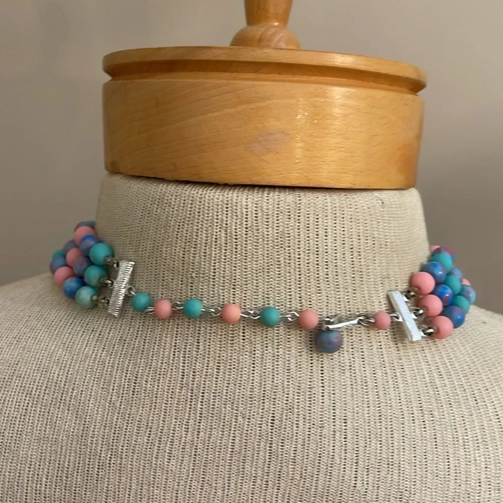 Vintage Japan Three Strand Pastel Candy Colored Beaded Necklace